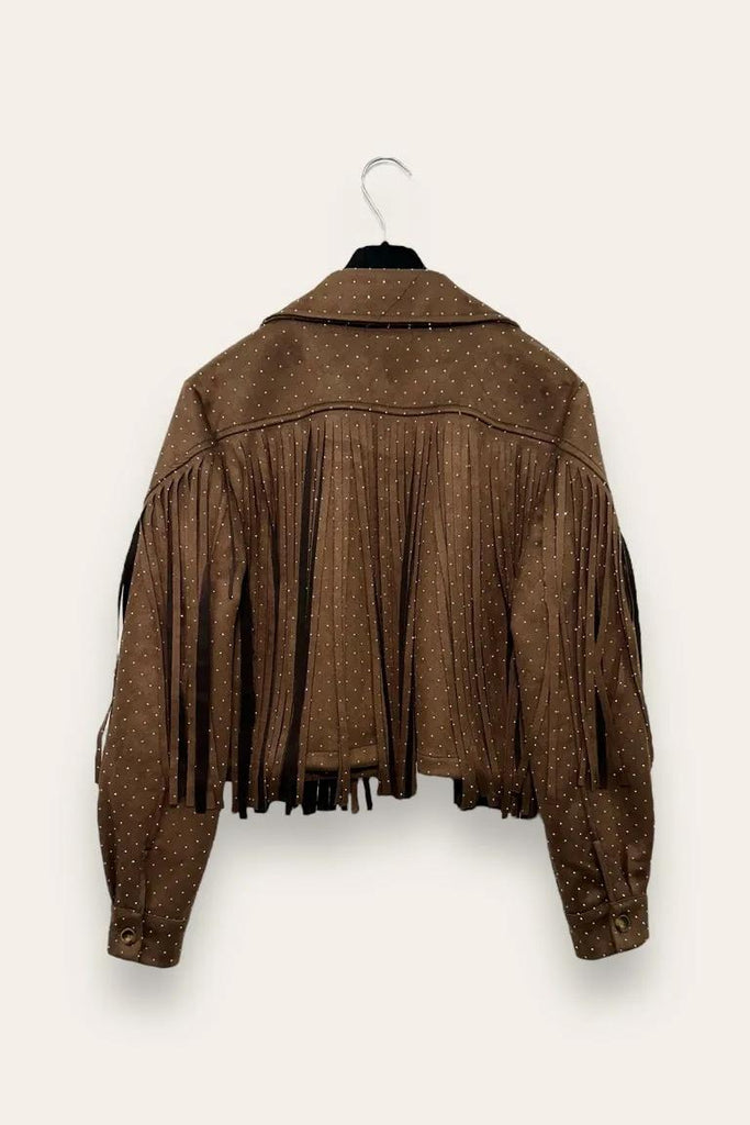 LOVEme Giacca corta in dainetto con frange e strass