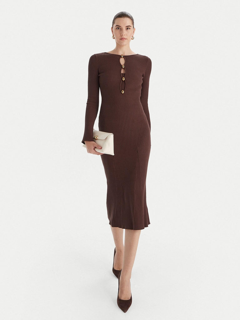 GUESS MARCIANO AGATHE RIBBED LS MIDI DRESS