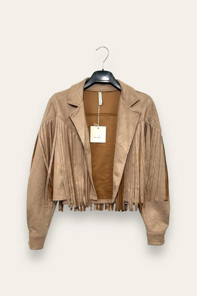 LOVEme Giacca corta in dainetto con frange e strass