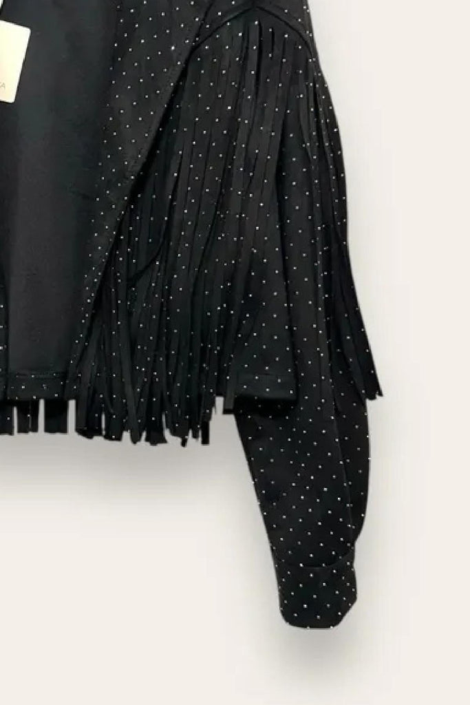 LOVEme Giacca corta in dainetto con frange e strass