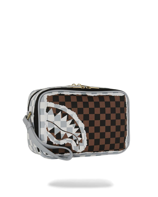 SPRAYGROUND CREAM BROWN TEAR CHECK TOILETRY BAG