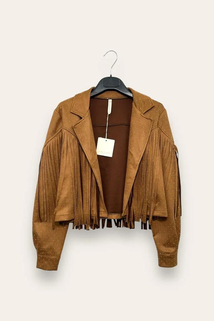 LOVEme Giacca corta in dainetto con frange e strass