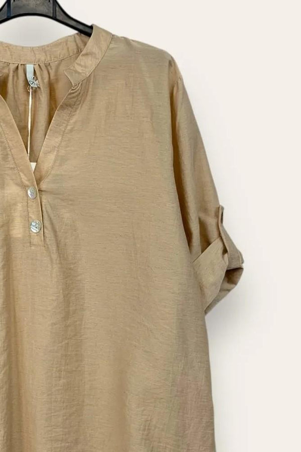 LOVEme Blusa scollo alla coreana con bottoni davanti, misto lino