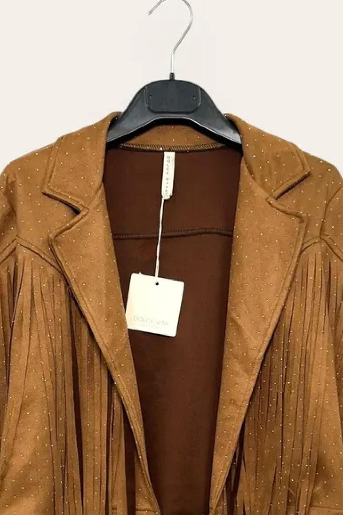 LOVEme Giacca corta in dainetto con frange e strass