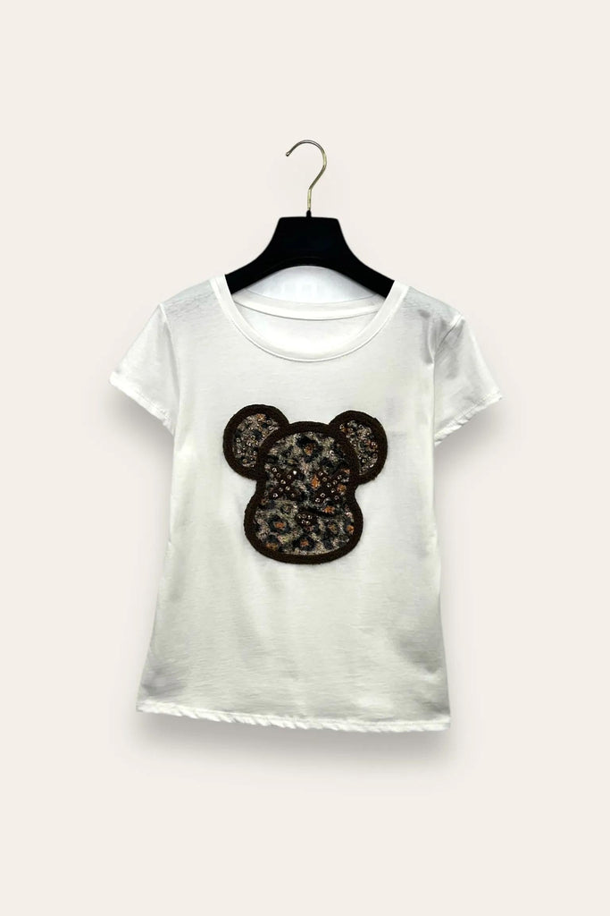 LOVEme T-shirt stampa maculata, teddy e strass