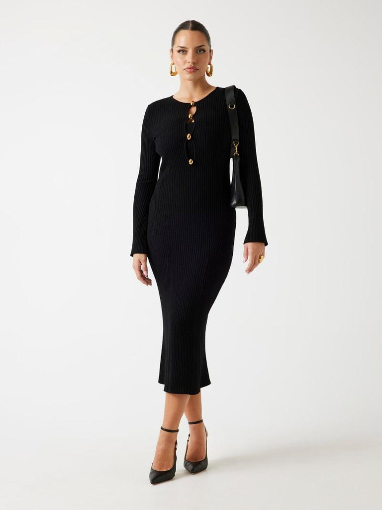 GUESS MARCIANO AGATHE RIBBED LS MIDI DRESS