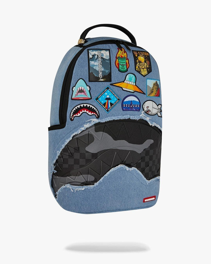 SPRAYGROUND DENIM TEAR 3 AM PATCHES BACKPACK