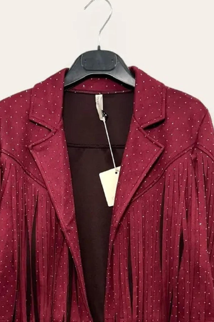 LOVEme Giacca corta in dainetto con frange e strass