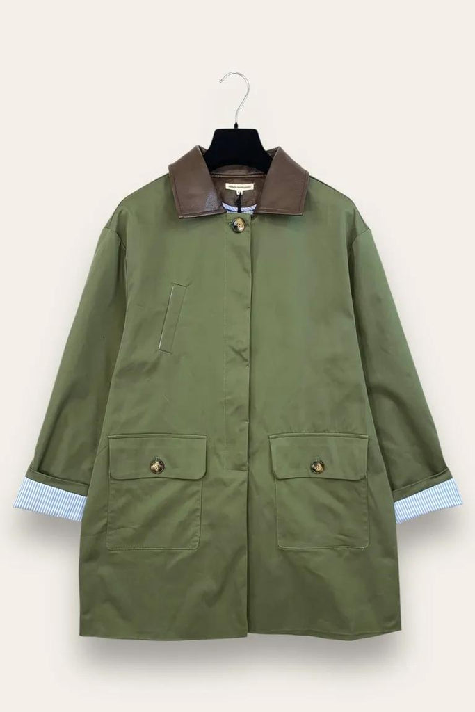 LOVEme Giacca lunga con colletto in pelle e fodera a camicia rigata