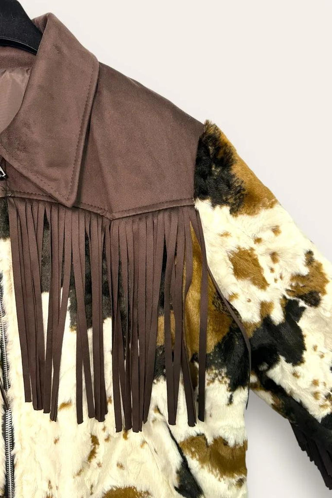 LOVEme Giacca ecopelliccia e dainetto con frange, fantasia cavallino