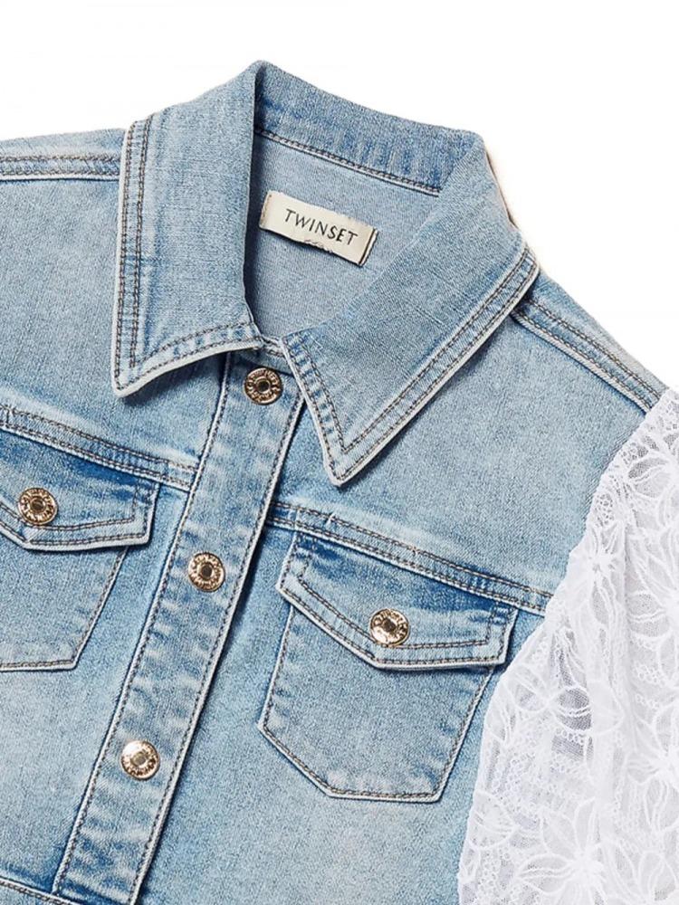 TWINSET GIACCHINO IN DENIM C/M IN TULLE RICAMATO