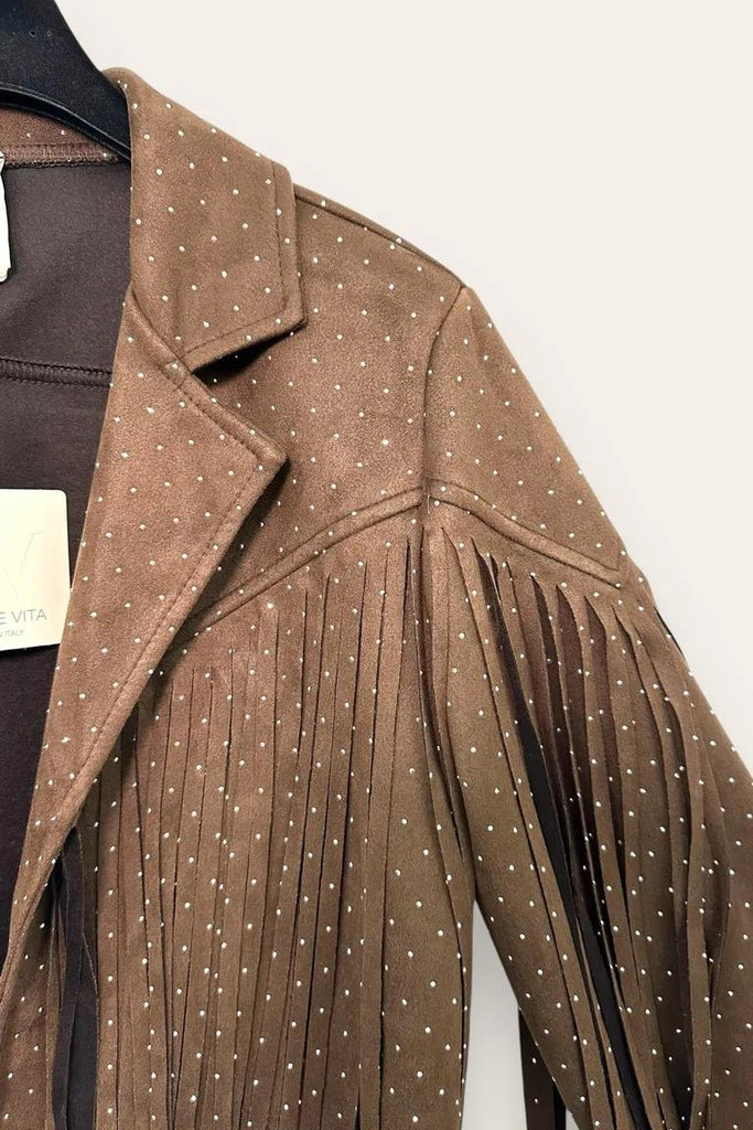 LOVEme Giacca corta in dainetto con frange e strass