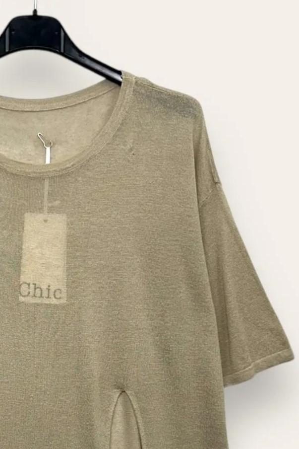 LOVEme Maglia ampia mezza manica con spacco, misto lino