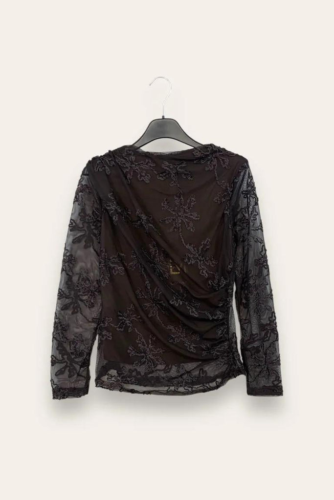 LOVEme Maglietta in tulle con ricamo in ciniglia e drappeggio sul fianco