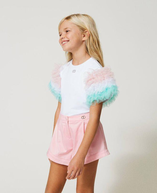 TWINSET T-SHIRT IN JERSEY C/MANICHE IN TULLE SFUMATO
