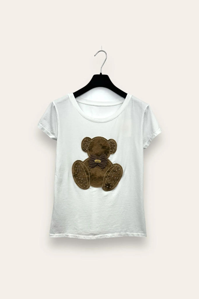LOVEme T-shirt orso fiocco all'uncinetto e strass