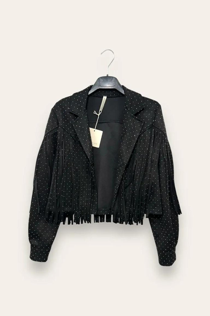 LOVEme Giacca corta in dainetto con frange e strass