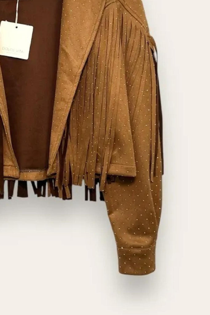 LOVEme Giacca corta in dainetto con frange e strass