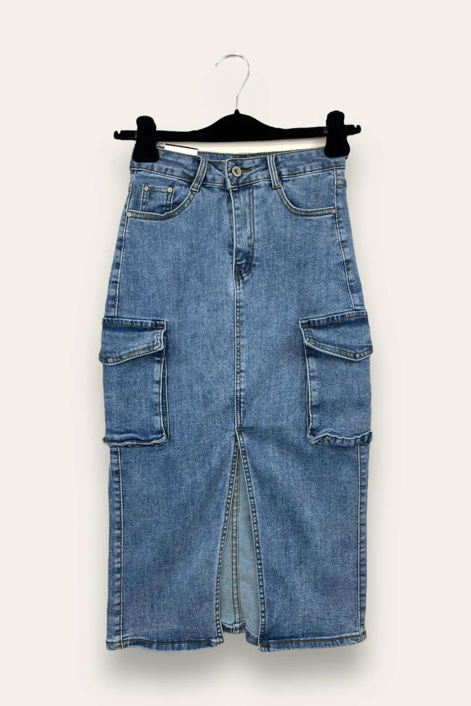 LOVEme Gonna in jeans cargo con spacco frontal