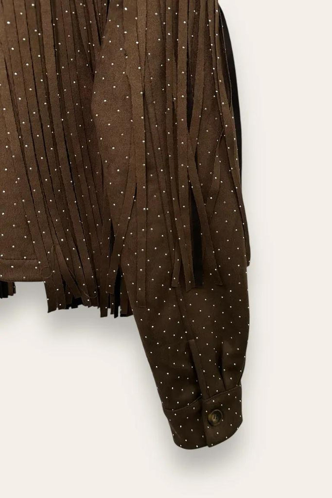 LOVEme Giacca corta in dainetto con frange e strass