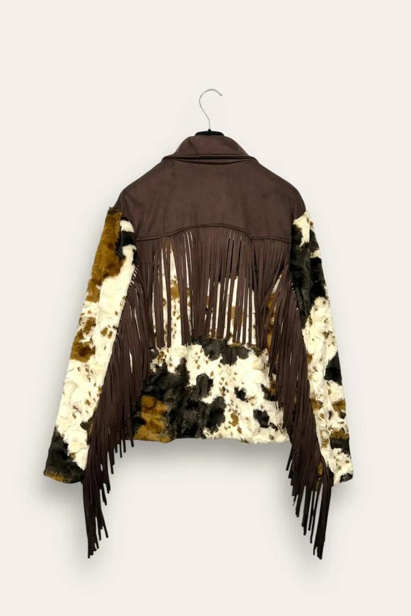 LOVEme Giacca ecopelliccia e dainetto con frange, fantasia cavallino