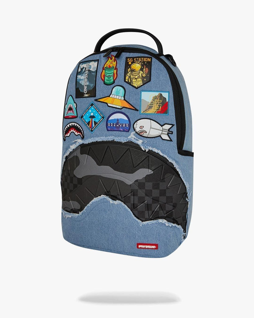 SPRAYGROUND DENIM TEAR 3 AM PATCHES BACKPACK