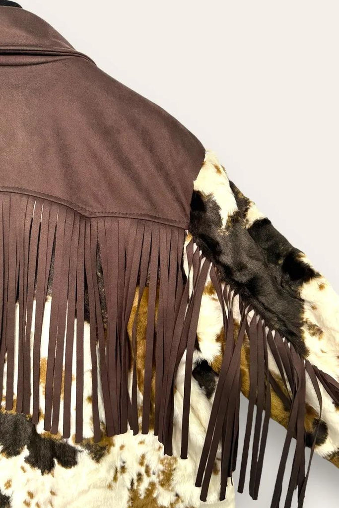 LOVEme Giacca ecopelliccia e dainetto con frange, fantasia cavallino