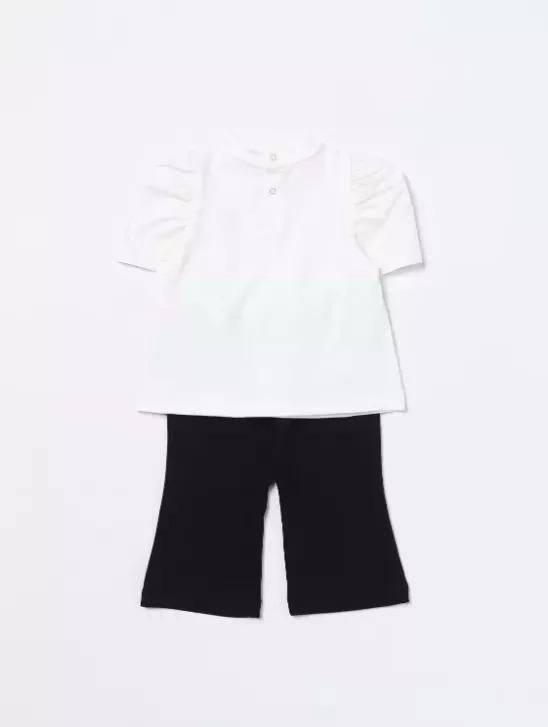 ELISABETTA FRANCHI La Mia Bambina T-SHIRT + LEGGINGS CON RICAMI A CONTRASTO AVORIO/NERO