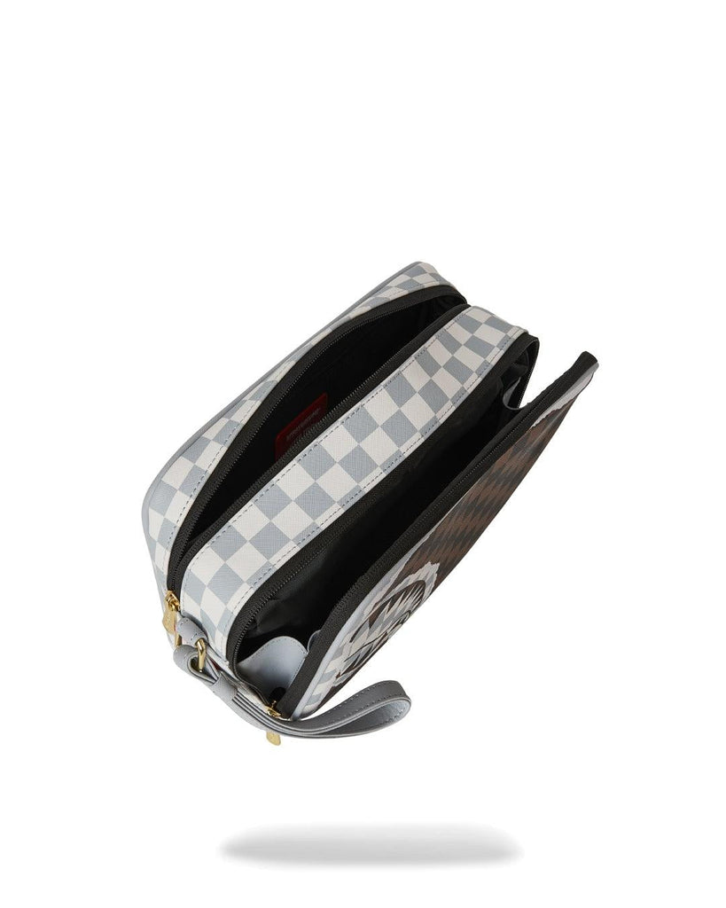 SPRAYGROUND CREAM BROWN TEAR CHECK TOILETRY BAG