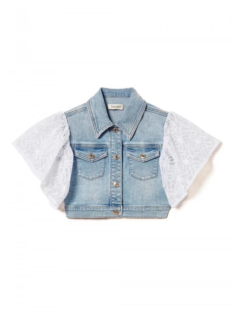 TWINSET GIACCHINO IN DENIM C/M IN TULLE RICAMATO