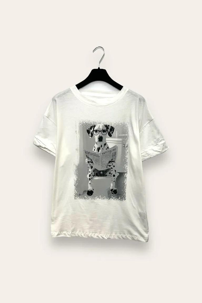 LOVEme T-shirt con cane che guarda il giornale con brillantini