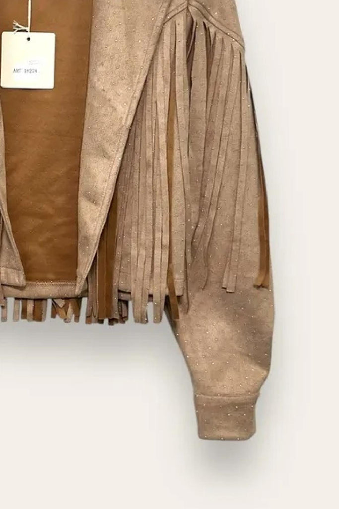 LOVEme Giacca corta in dainetto con frange e strass